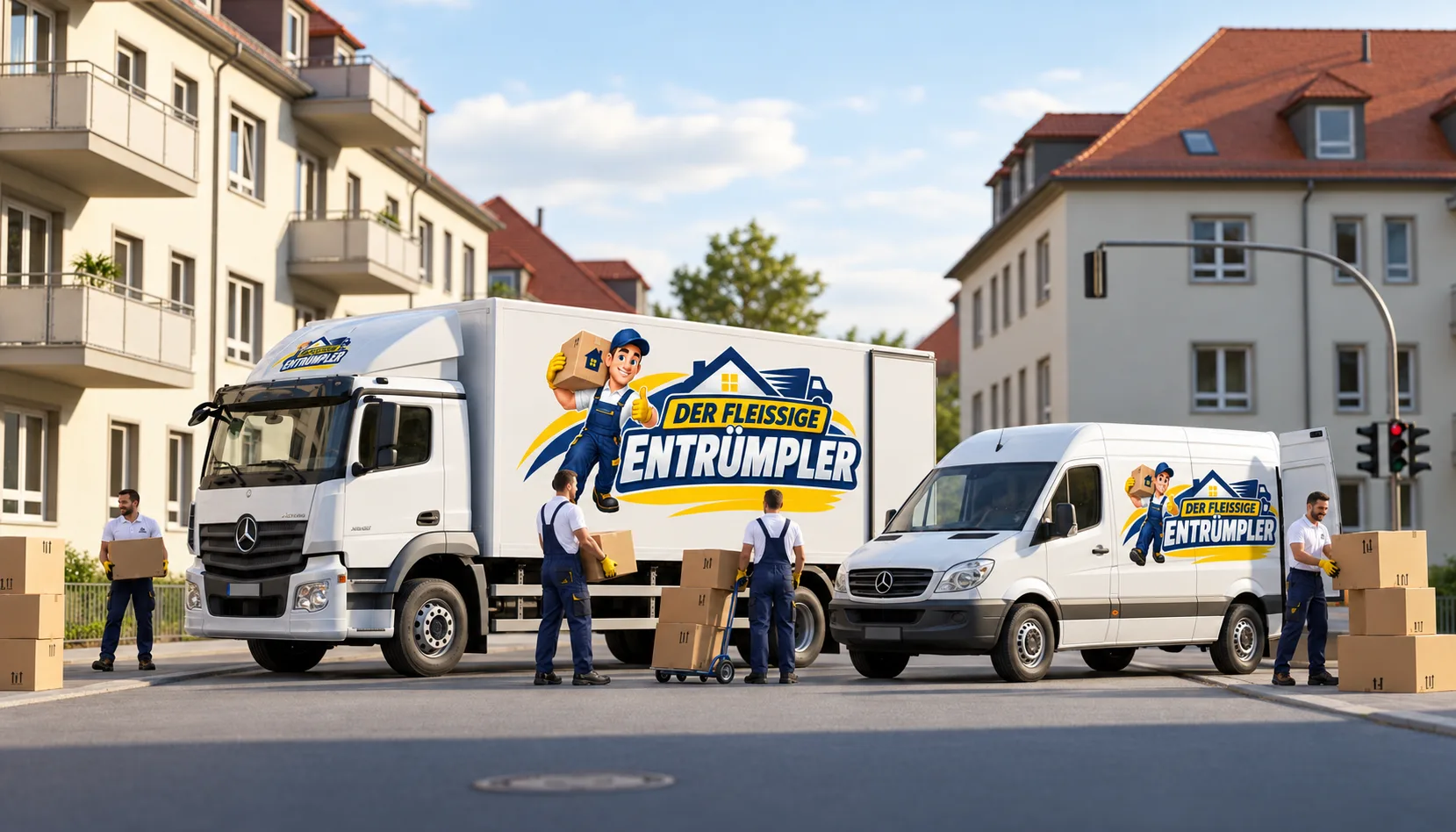 Illustration: Team in weiß-blauer Arbeitskleidung beim Verladen vor Lkw und Transporter mit unserem Logo