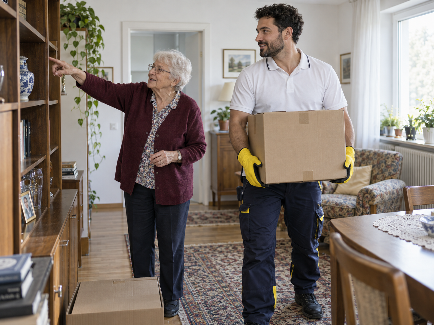 Eine Seniorin zeigt einem Helfer, wohin eine schwere Kiste gestellt werden soll – Beispielmotiv