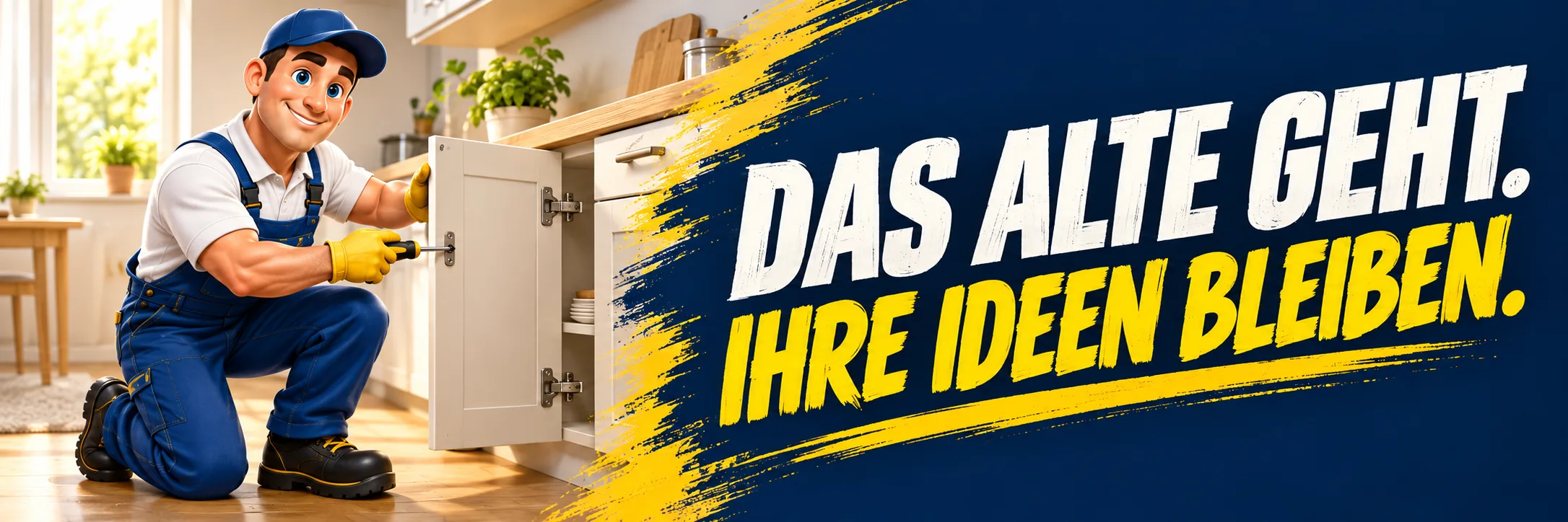 Das Alte geht. Ihre Ideen bleiben. Unser Maskottchen arbeitet an einer Schranktür.
