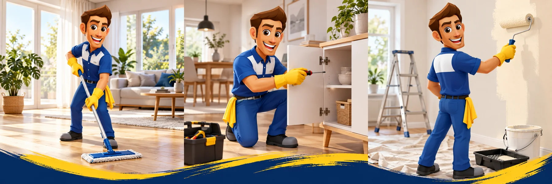 Hausmeister-Maskottchen reinigt den Boden einer hellen Wohnung – Illustration