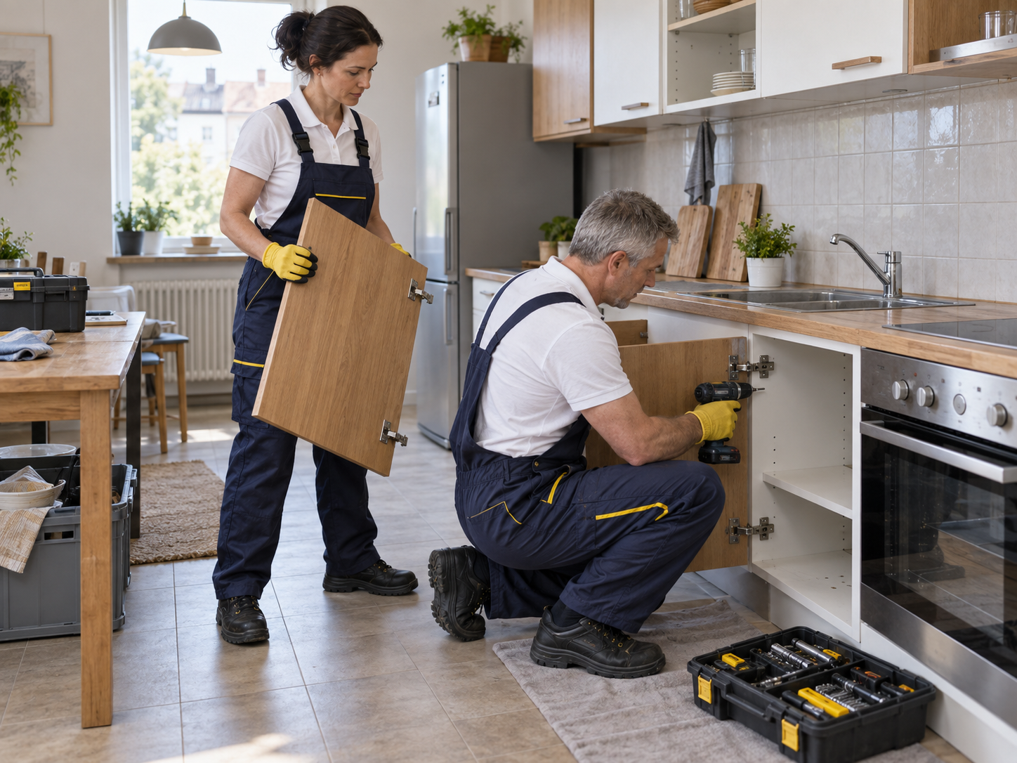 Zwei Helfer bauen Küchenschranktüren ab – Beispielmotiv
