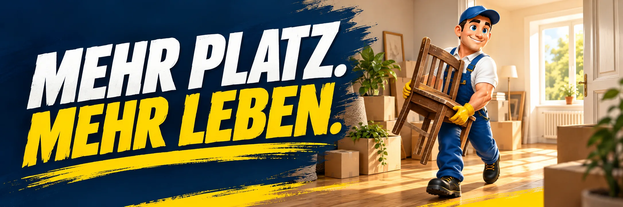 Mehr Platz. Mehr Leben. Unser Maskottchen trägt einen Stuhl aus einem Zimmer.