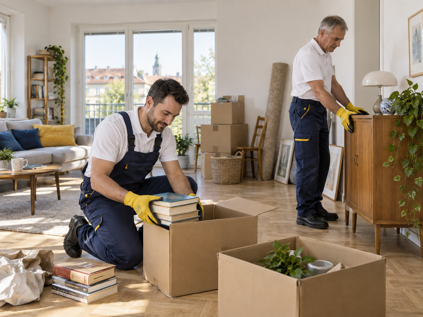 Helfer verpacken Bücher und bereiten eine Wohnung auf die Räumung vor – Beispielmotiv
