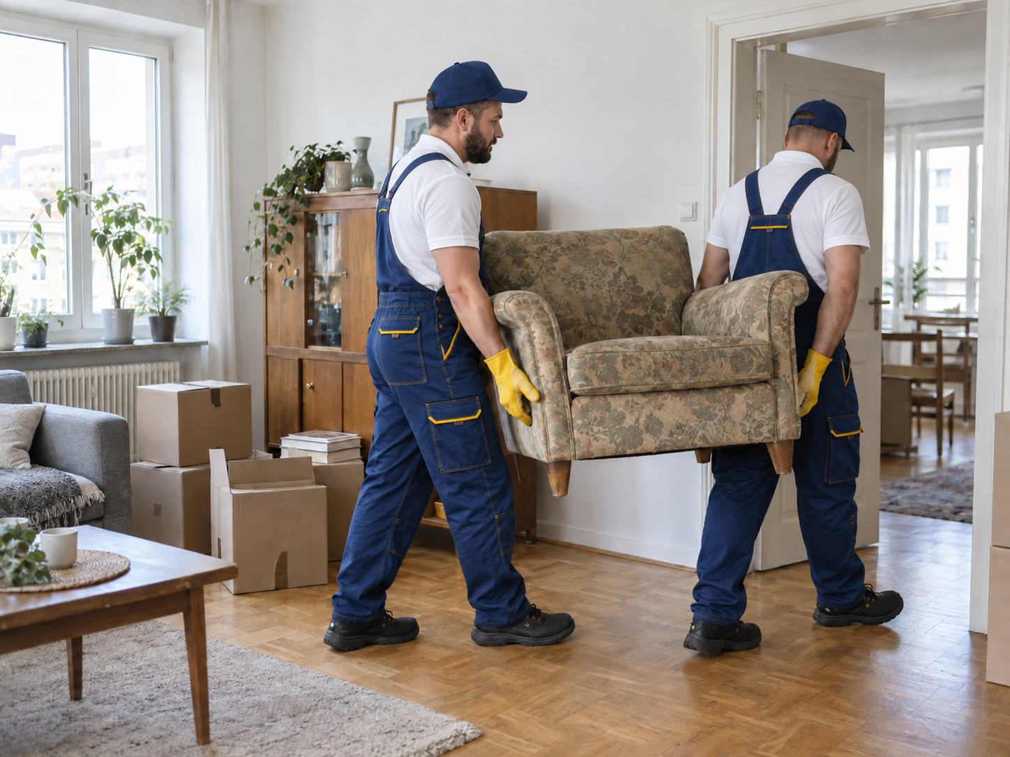 Zwei Helfer tragen einen Sessel aus einer Wohnung – KI-generiertes Beispiel
